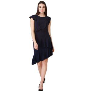 Joseph Ribkoff Asymmetrical Tiered Ruffle Dress Navy Blue Cap Sleeves Size 4